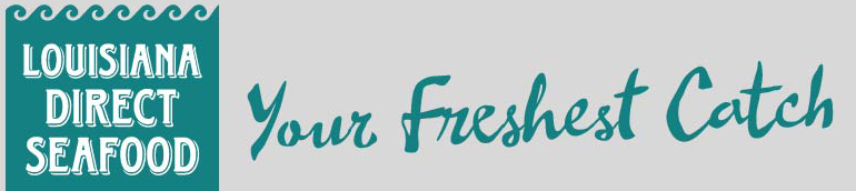 Logo for Louisiana Direct Seafood (wave on left side) with "Your Freshest Catch" in larger letters on right, grayed background.
