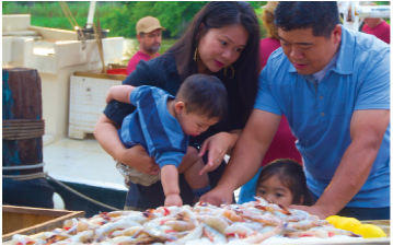 Family (adults and children) looks over seafood; Thu family.