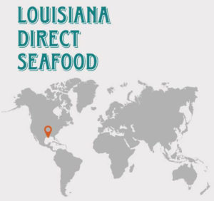 Louisiana Direct Seafood world map in gray with orange marker at Louisiana Gulf Coast.