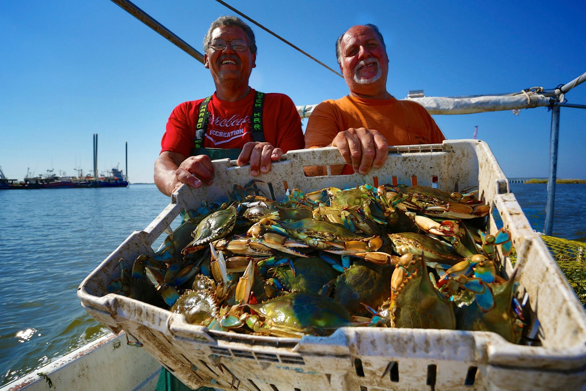 Two guys with crabs in white bin, Dulac.