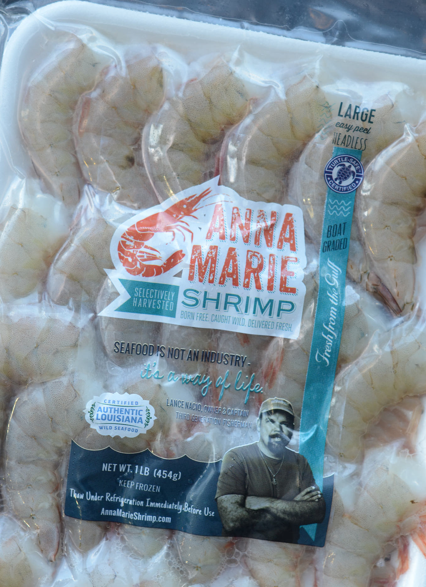 One-pound package of frozen large, easy peel, headless "Anna Marie Shrimp."