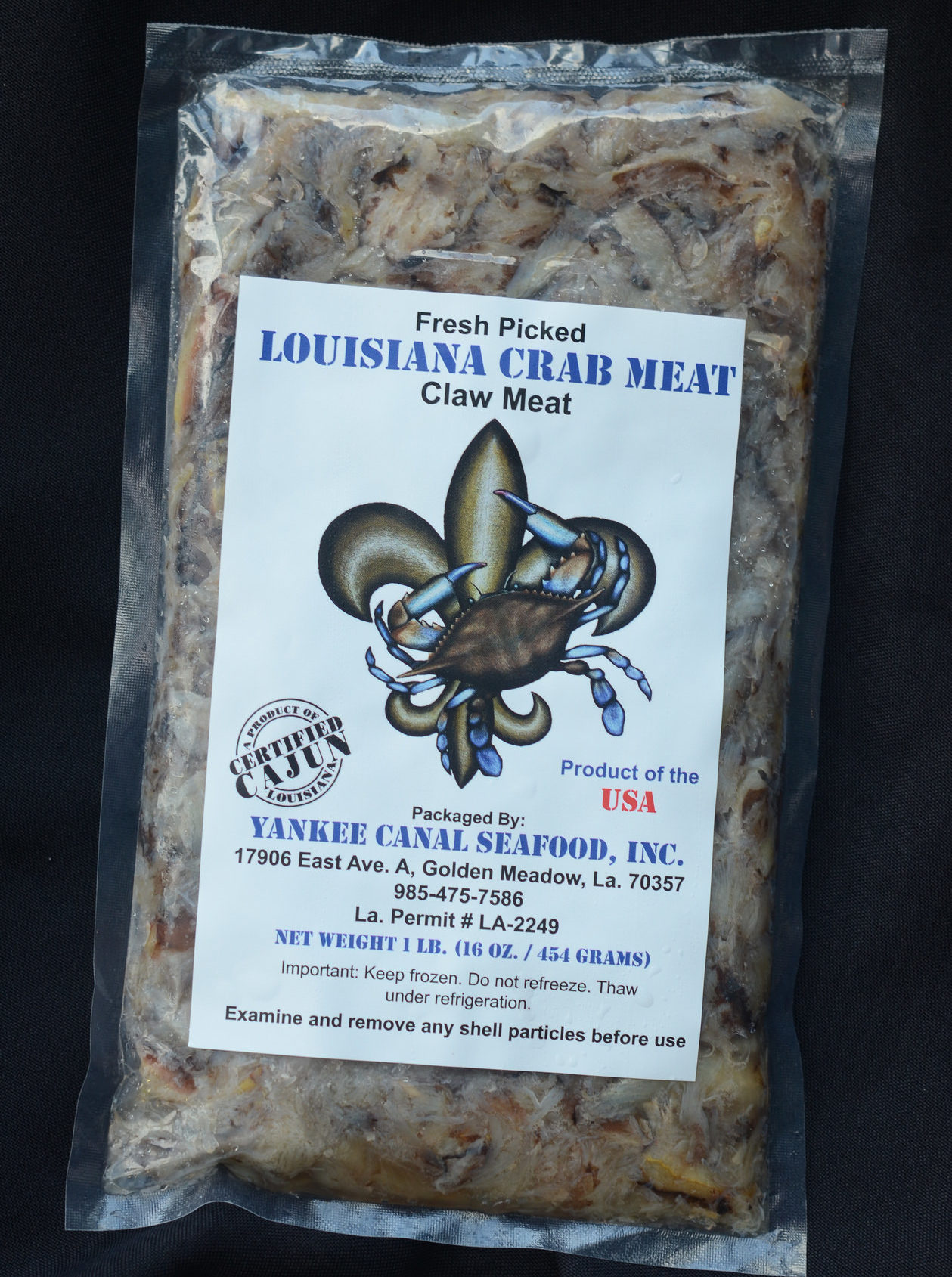 One-pound package of Yankee Canal Seafood's "Louisiana Crab Meat," claw meat.