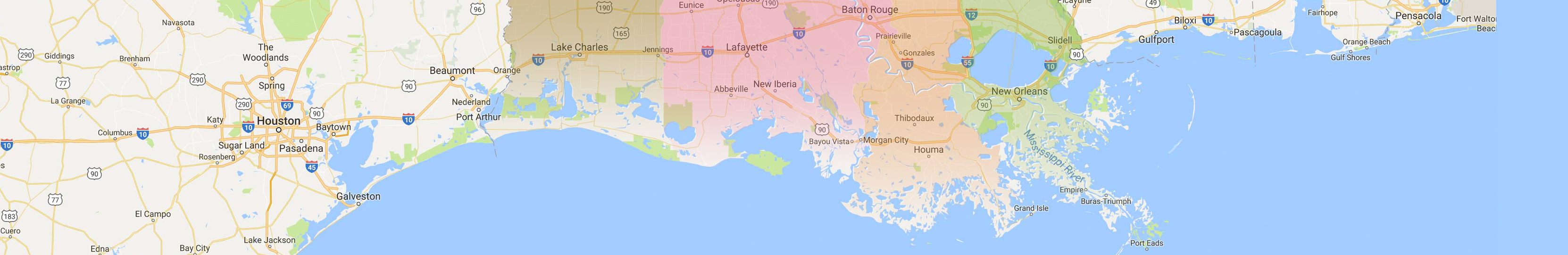 Color map of Louisiana and surrounding gulf coastline, long and narrow, horizontal.