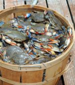 Bushel Of Blue Crabs On Wooden Deck