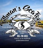 water within marsh, Tillman's Seafood logo and contact info superimposed on top of image