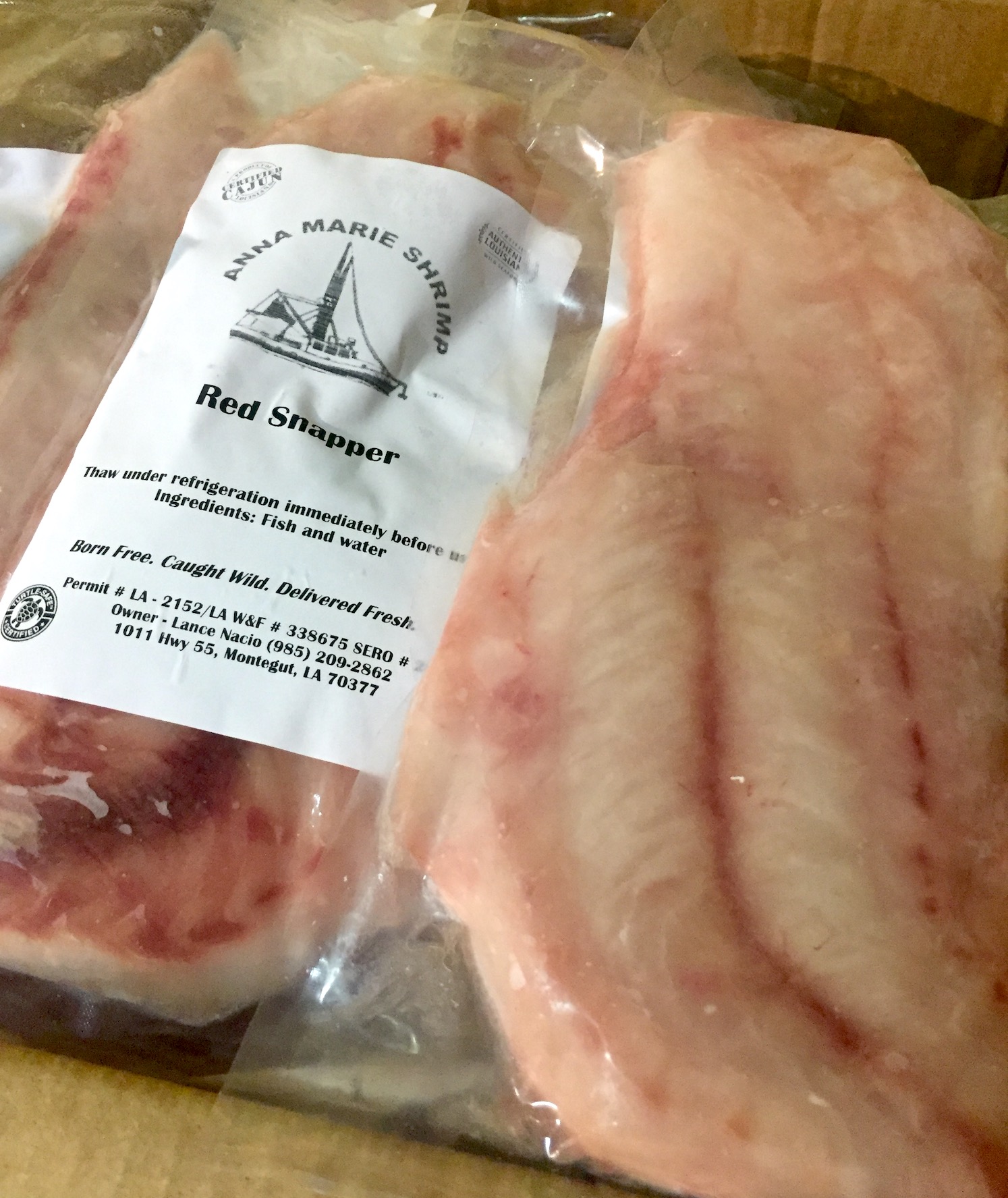 Vacuum packed red snapper filets from Anna Marie Shrimp