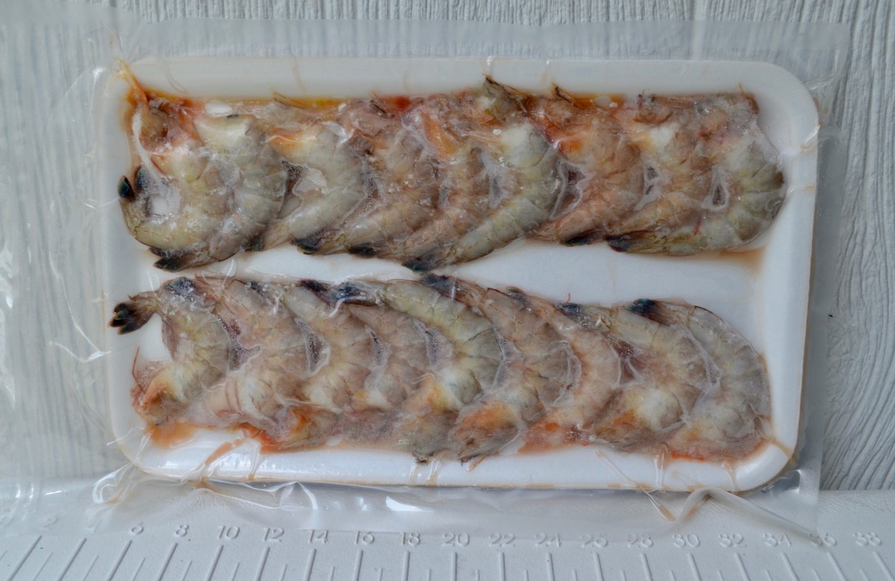 frozen pack of headless soft-shell shrimp